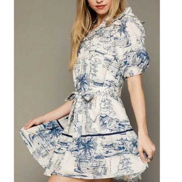 NWOT Umgee Blue Toile Print
Puff Sleeve Ruffle Mini Dress~Tie Waist ~Small - Picture 4 of 4